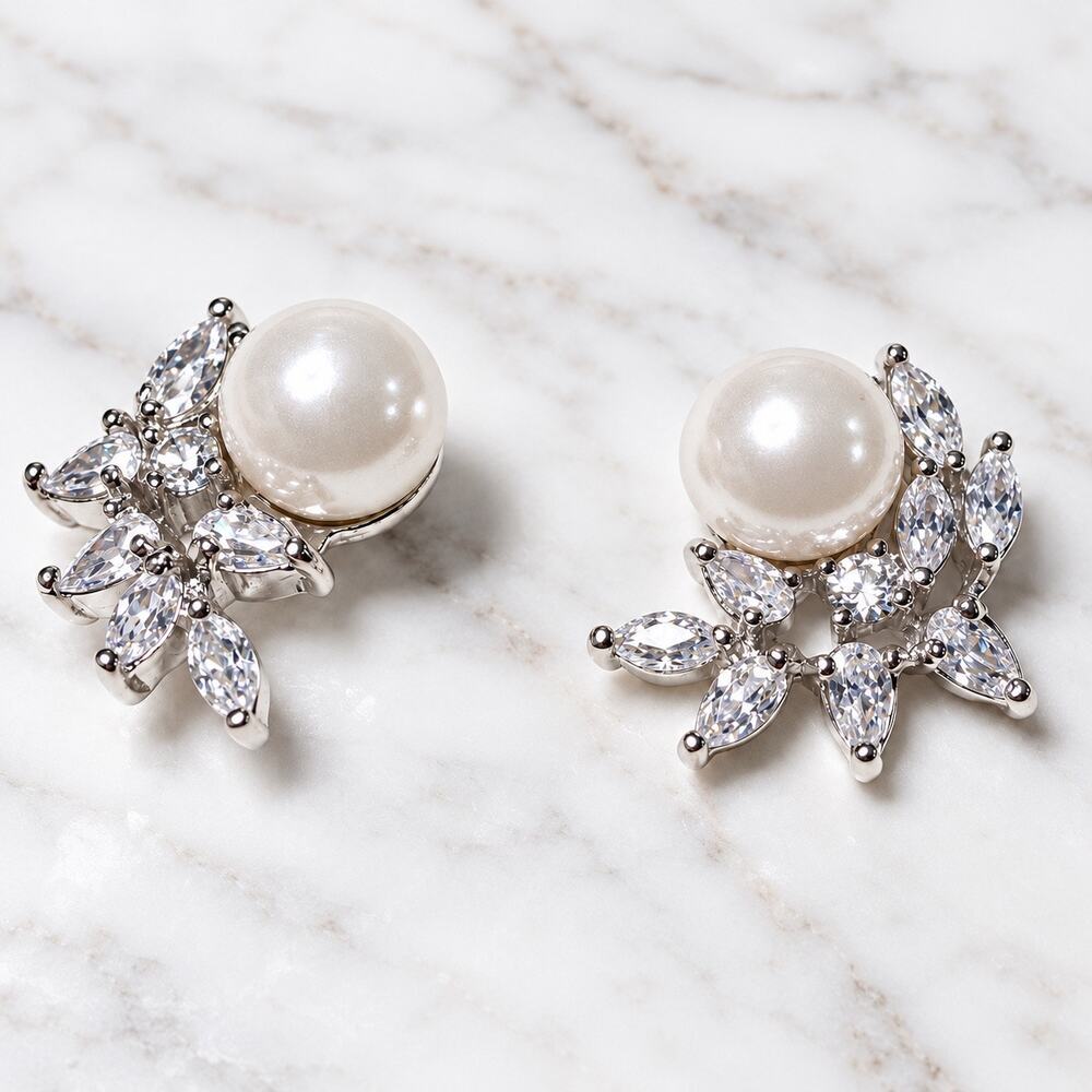Faux Pearl & Cubic Zirconia Floral Stud Earrings